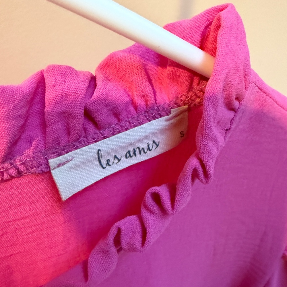 Pink Ruffle-Neck Puff Sleeve Blouse - Picture 2 of 3